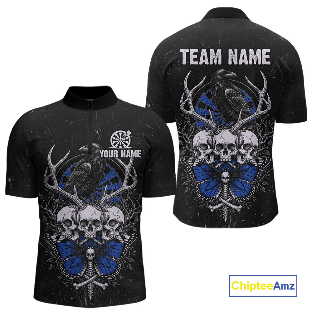 Blue Skulls Butterfly Grunge Dartboard Custom Darts Quarter-Zip Shirt For Men Retro Dart Gifts NYN2004