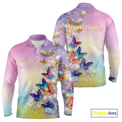 Colorful Butterfly Mens Golf Polo Shirt Custom Name Floral Watercolor Golf Shirts NYN2905