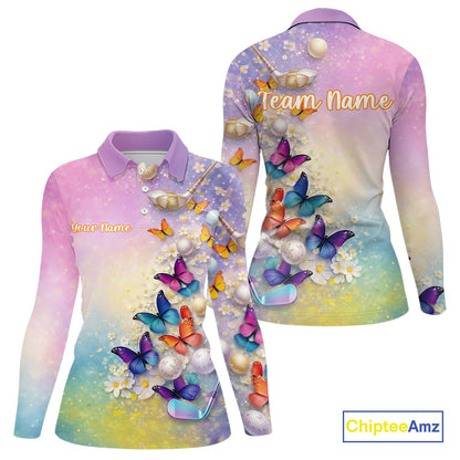 Colorful Butterfly Womens Golf Polo Shirt Custom Name Floral Watercolor Golf Shirts NYN2905
