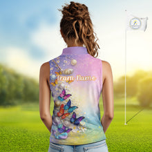 Load image into Gallery viewer, Colorful Butterfly Womens Golf Sleeveless Polo Shirt Custom Name Floral Watercolor Golf Shirts NYN2905