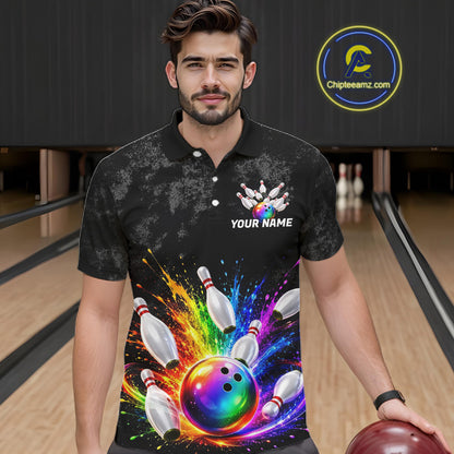 Rainbow Splatter Bowling Ball & Pins Shirt For Men Custom Colorful Paint Bowling Team Outfits NYN3283