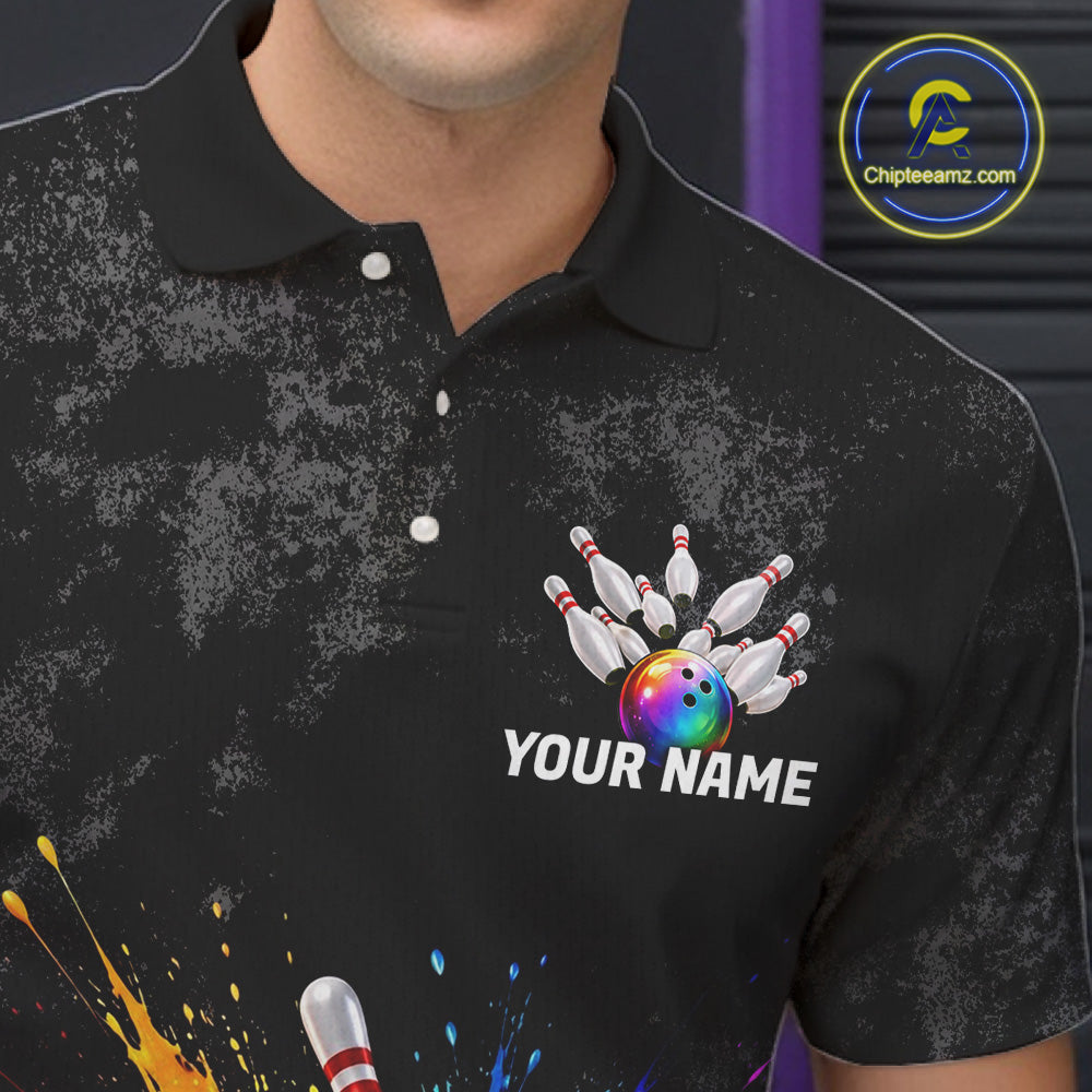 Rainbow Splatter Bowling Ball & Pins Shirt For Men Custom Colorful Paint Bowling Team Outfits NYN3283