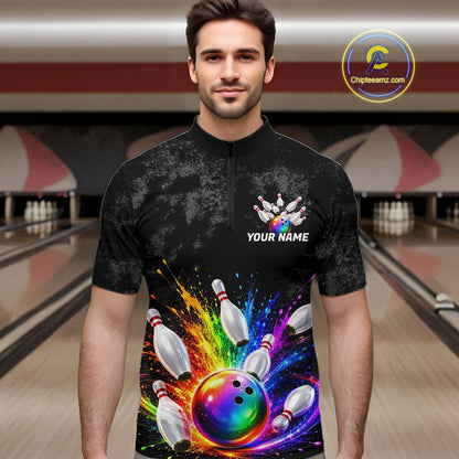 Rainbow Splatter Bowling Ball & Pins Shirt For Men Custom Colorful Paint Bowling Team Outfits NYN3283