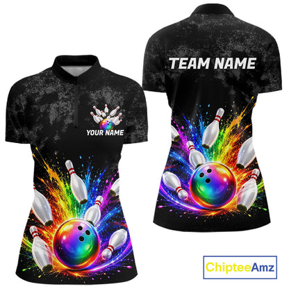 Rainbow Splatter Bowling Ball & Pins Shirt For Women Custom Colorful Paint Bowling Team Outfits NYN3283