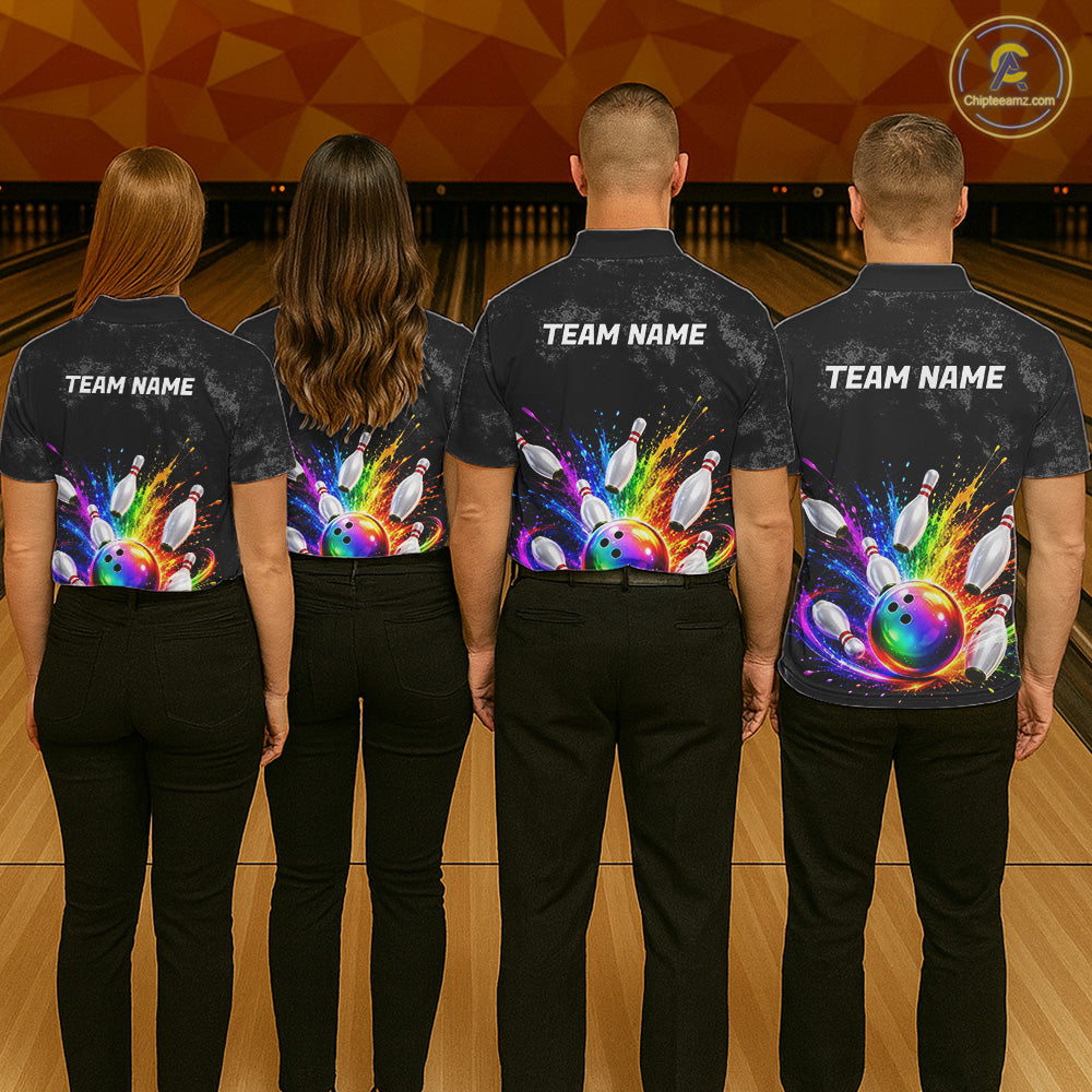 Rainbow Splatter Bowling Ball & Pins Shirt For Women Custom Colorful Paint Bowling Team Outfits NYN3283
