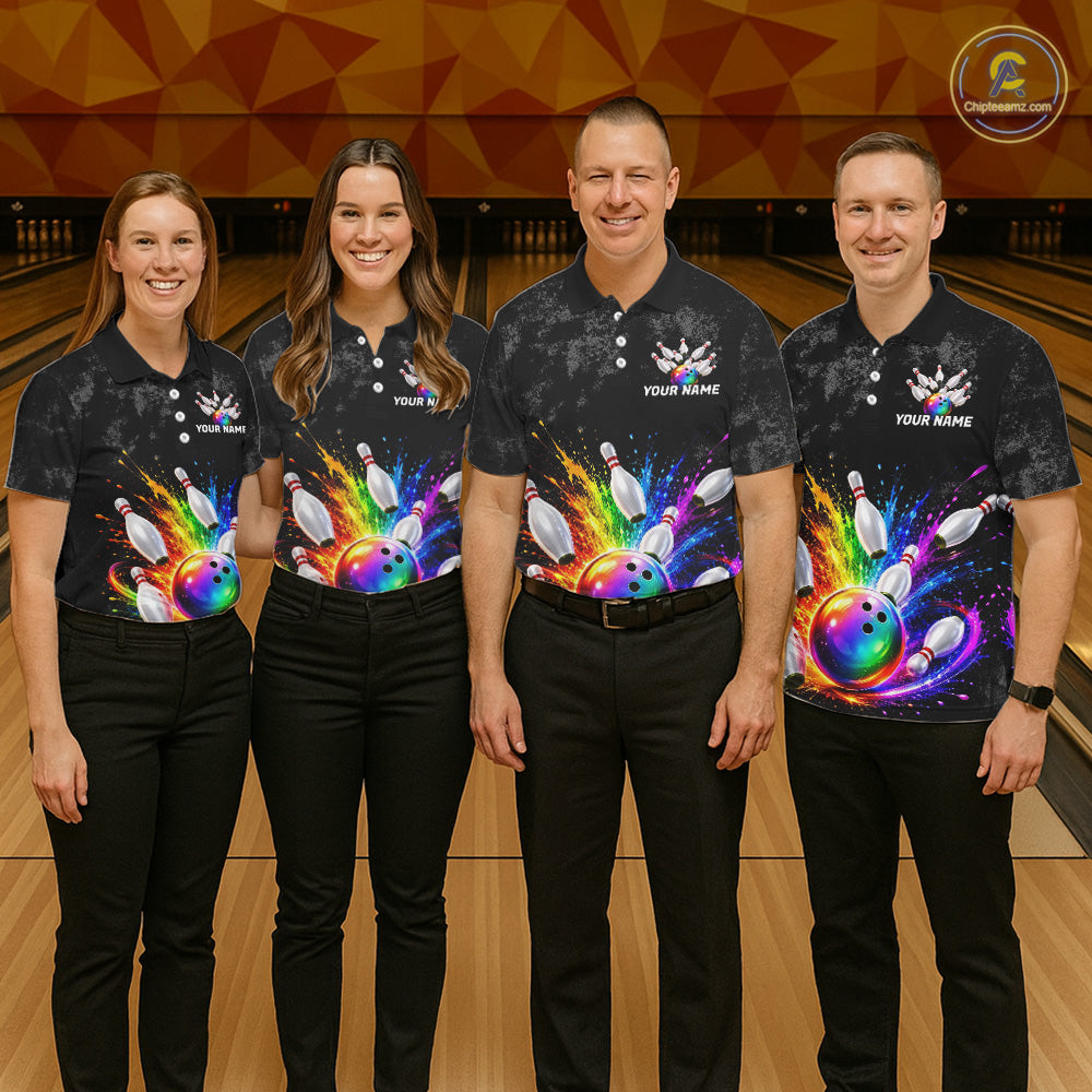 Rainbow Splatter Bowling Ball & Pins Shirt For Women Custom Colorful Paint Bowling Team Outfits NYN3283