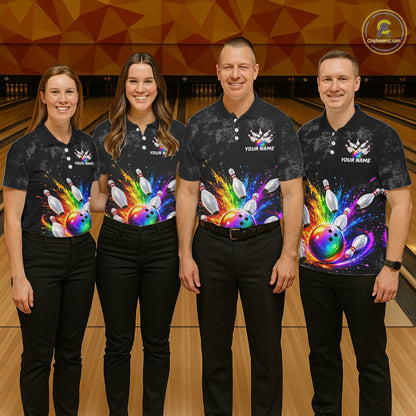 Rainbow Splatter Bowling Ball & Pins Shirt For Women Custom Colorful Paint Bowling Team Outfits NYN3283