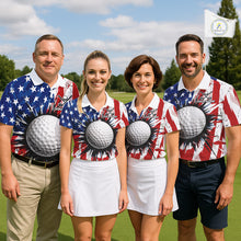 Load image into Gallery viewer, Men women golf team wearing matching patriotic grunge golf polo shirts, American flag golf uniforms, team golf apparel