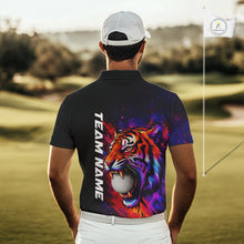 Load image into Gallery viewer, Male golfer wearing colorful tiger golf polo shirt, artistic splatter golf apparel, men's golf outfit
