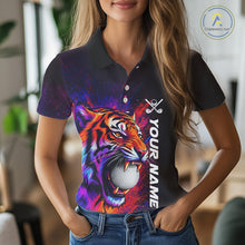 Load image into Gallery viewer, Female golfer wearing colorful tiger golf polo shirt, artistic splatter golf apparel, ladies golf outfit