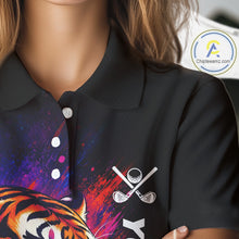 Load image into Gallery viewer, Female golfer wearing colorful tiger golf polo shirt, artistic splatter golf apparel, ladies golf outfit