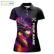 Load image into Gallery viewer, Colorful Dragon women's golf polo shirt, dragon golf apparel, splatter golf team shirt, ladies golf clothing