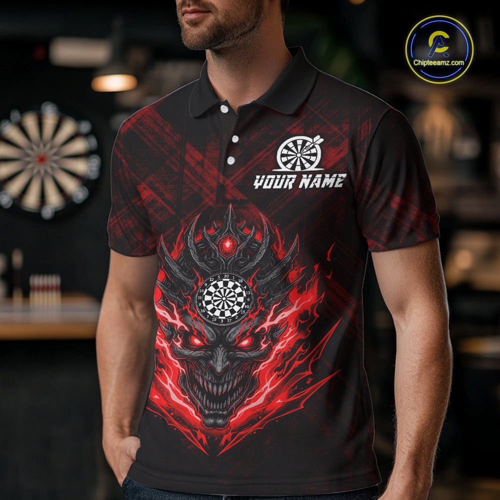 Red Skull Lightning Thunder Grunge Dartboard Custom Men Polo Darts Shirt Dart Gifts NYN2013