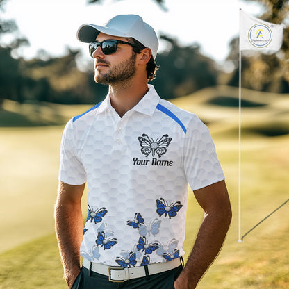 Blue Pattern Butterfly Mens Golf Polo Shirt Custom Name White Ball Golf Clothes Shirts NYN2909