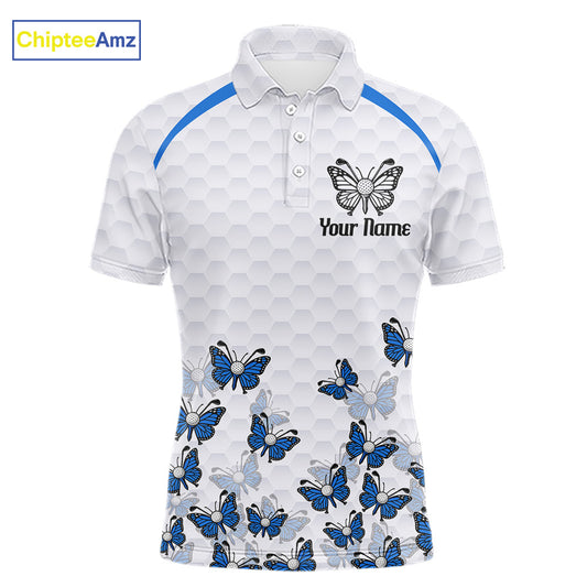 Blue Pattern Butterfly Mens Golf Polo Shirt Custom Name White Ball Golf Clothes Shirts NYN2909