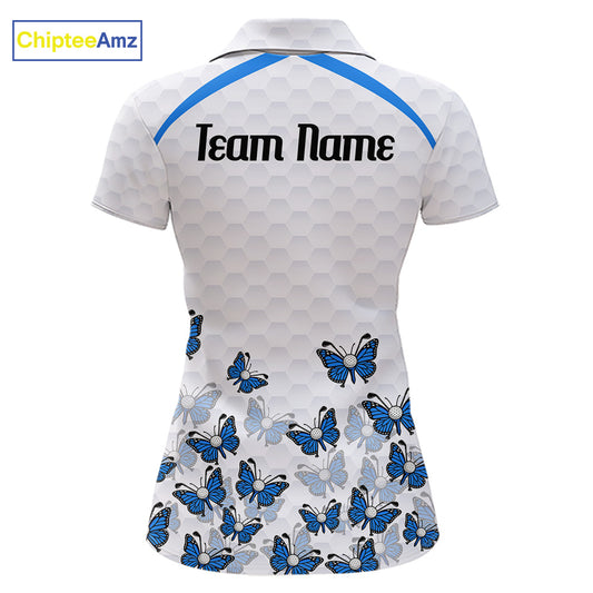 Blue Pattern Butterfly Womens Golf Polo Shirt Custom Name White Ball Golf Clothes Shirts NYN2909
