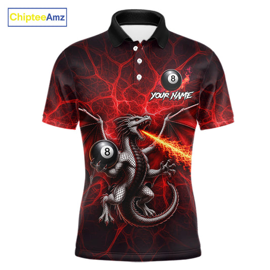 Red flaming dragon 8 ball billiard polo shirt for men custom tournament apparel