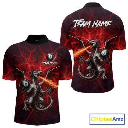 Red flaming dragon 8 ball billiard 1/4-zip shirt for men custom tournament apparel