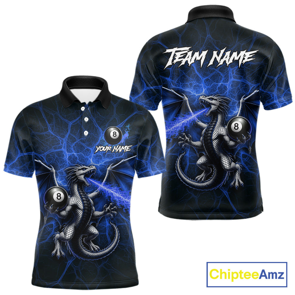 Blue flaming dragon billiard polo shirt with 8 ball design for men
