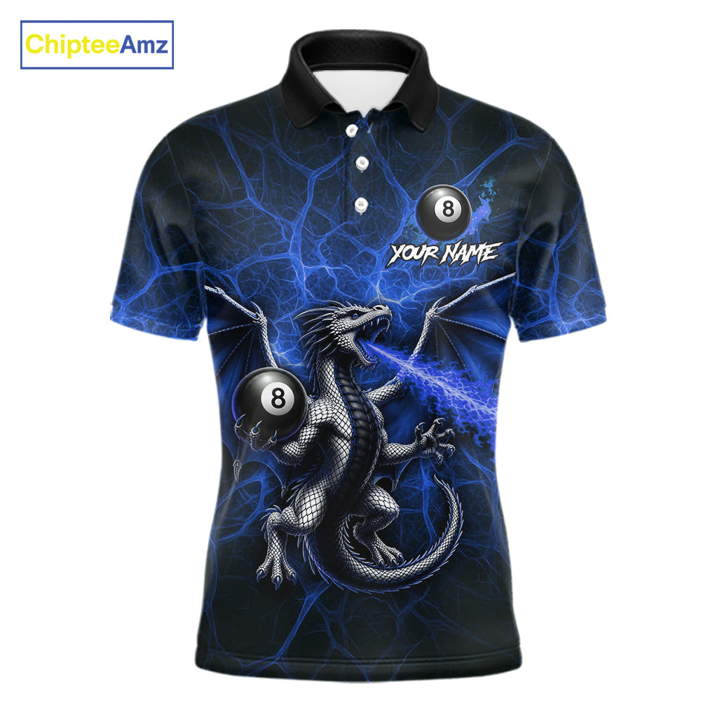Blue flaming dragon billiard polo shirt with 8 ball design for men
