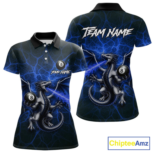Blue flaming dragon billiard polo shirt with 8 ball design for women