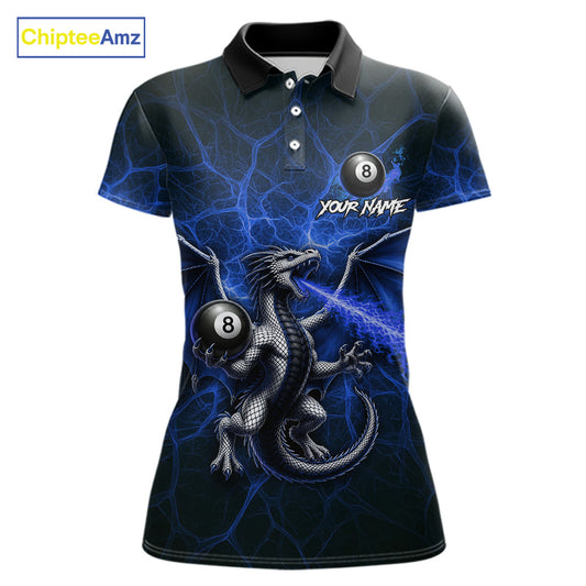 Blue flaming dragon billiard polo shirt with 8 ball design for women