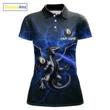 Load image into Gallery viewer, Blue flaming dragon billiard polo shirt with 8 ball design for women