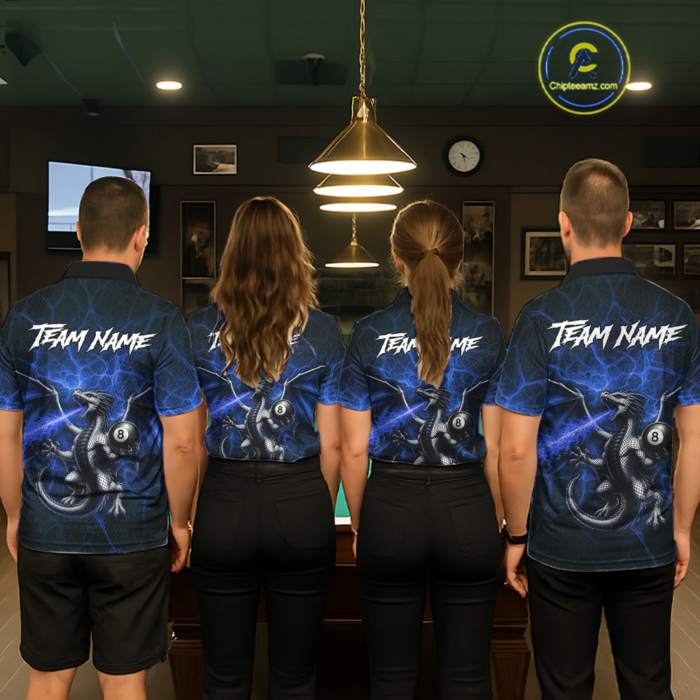 Custom Blue Flaming Dragon 8 Ball Billiard Polo Shirts For Men, Dragon Billiard Tournament Team Shirt NYN3290