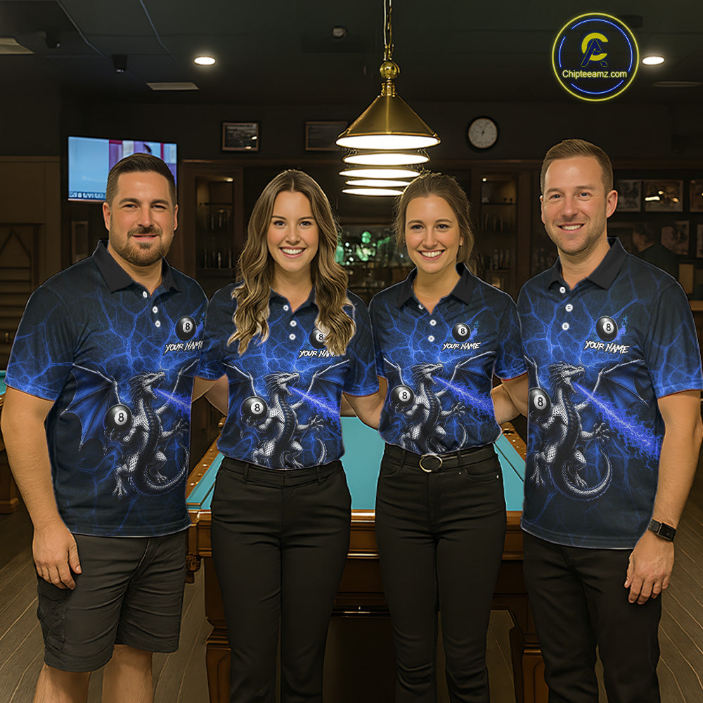 Custom Blue Flaming Dragon 8 Ball Billiard Polo Shirts For Men, Dragon Billiard Tournament Team Shirt NYN3290