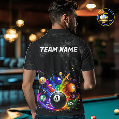 Personalized Rainbow Splatter 8 Ball Pool Polo Shirts For Men, Custom Grunge Billiard Team Apparel NYN3294