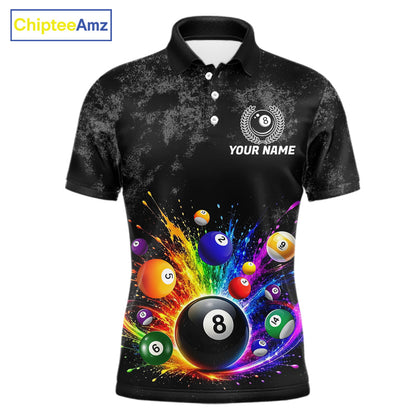 Rainbow splatter 8 ball pool polo shirt for men grunge billiard apparel