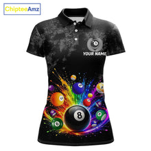 Load image into Gallery viewer, Rainbow splatter 8 ball pool polo shirt for women grunge billiard apparel