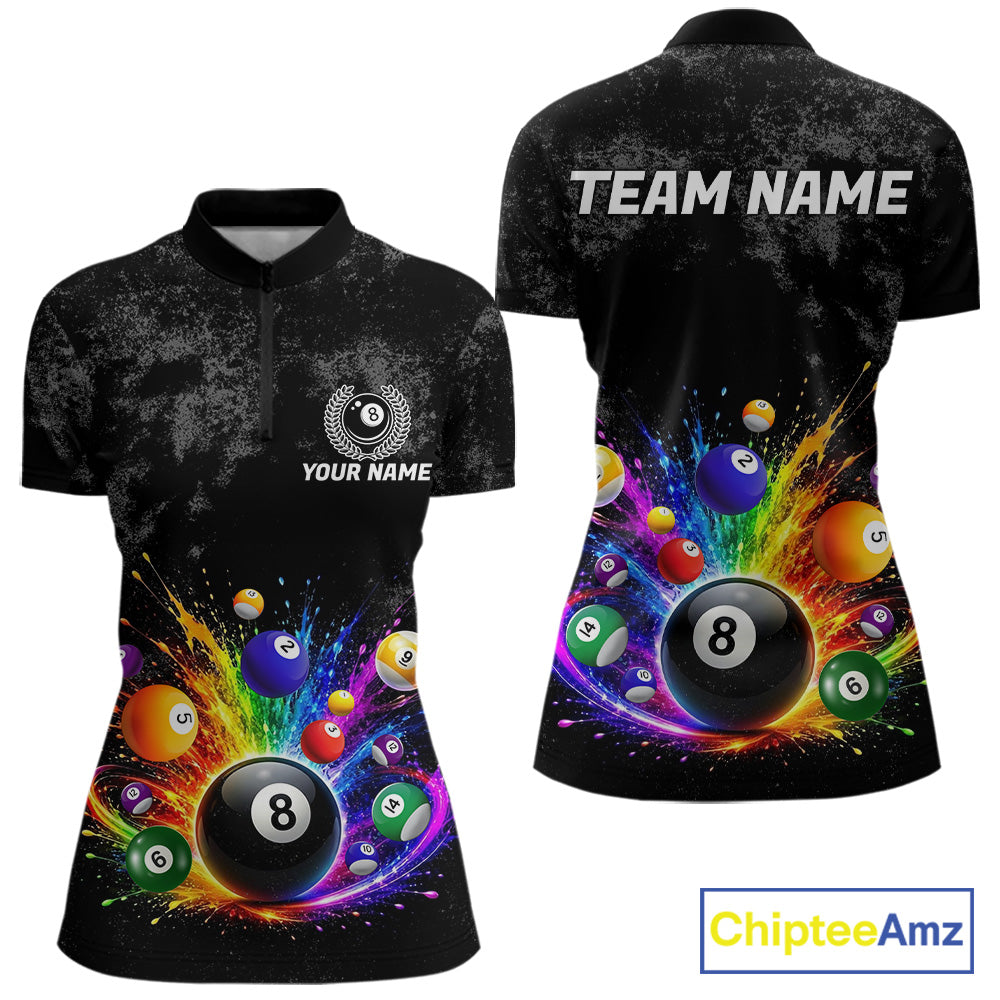 Rainbow splatter 8 ball pool 1/4-zip shirt for women grunge billiard apparel