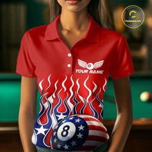 Load image into Gallery viewer, Custom Fire Flame US Flag Pool 8 Ball Women's Billiard Shirt Patriotic Billiard Team Attire NYN2545