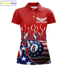 Load image into Gallery viewer, Custom Fire Flame US Flag Pool 8 Ball Women's Billiard Shirt Patriotic Billiard Team Attire NYN2545