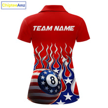 Load image into Gallery viewer, Custom Fire Flame US Flag Pool 8 Ball Women's Billiard Shirt Patriotic Billiard Team Attire NYN2545