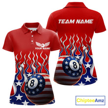 Load image into Gallery viewer, Custom Fire Flame US Flag Pool 8 Ball Women's Billiard Shirt Patriotic Billiard Team Attire NYN2545
