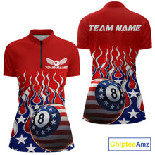 Load image into Gallery viewer, Custom Fire Flame US Flag Pool 8 Ball Women's Billiard Shirt Patriotic Billiard Team Attire NYN2545