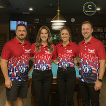Load image into Gallery viewer, Custom Fire Flame US Flag Pool 8 Ball Women's Billiard Shirt Patriotic Billiard Team Attire NYN2545