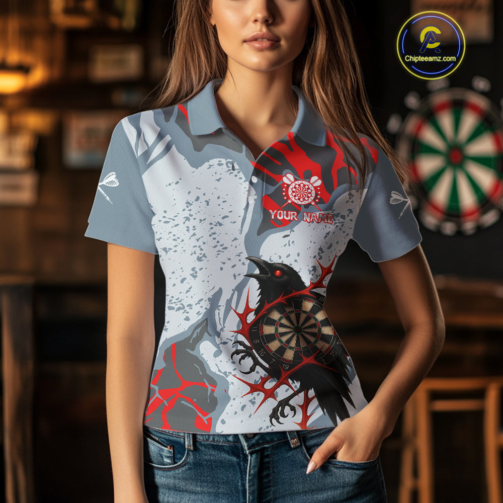 Gray And Red Raven Darts Shirt For Women - Custom Team Name - Unique Dartboard NYN0349