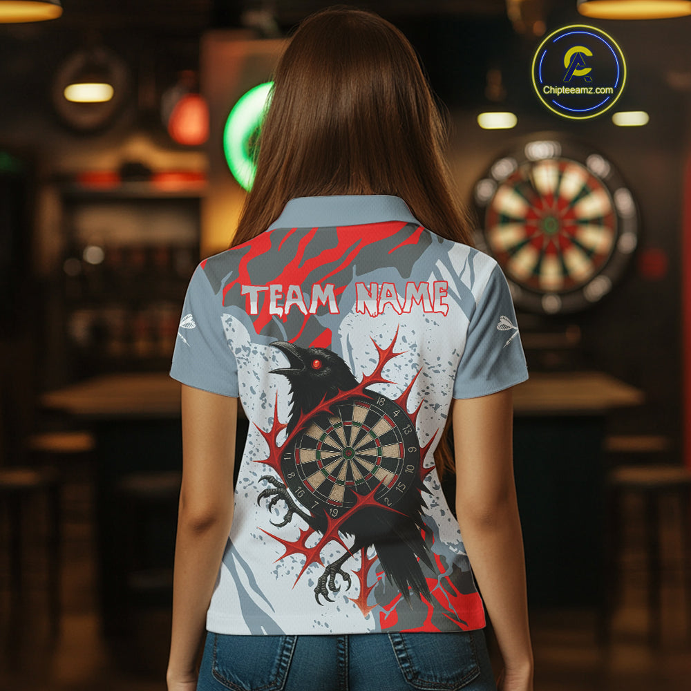 Gray And Red Raven Darts Shirt For Women - Custom Team Name - Unique Dartboard NYN0349