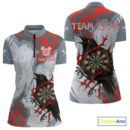 Gray And Red Raven Darts Shirt For Women - Custom Team Name - Unique Dartboard NYN0349