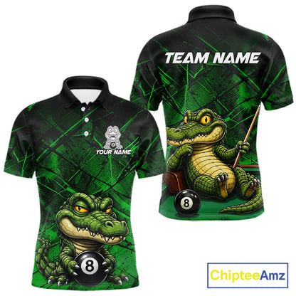 Funny crocodile 8 ball billiard polo shirt for men green grunge pool jersey