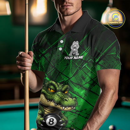 Funny Crocodile 8 Ball Pool Billiard Shirts For Men Custom Green Grunge Billiard Polo & 1/4-Zip Jersey NYN3313