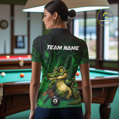 Funny Crocodile 8 Ball Pool Billiard Shirts For Women Custom Green Grunge Billiard Polo & 1/4-Zip Jersey NYN3313