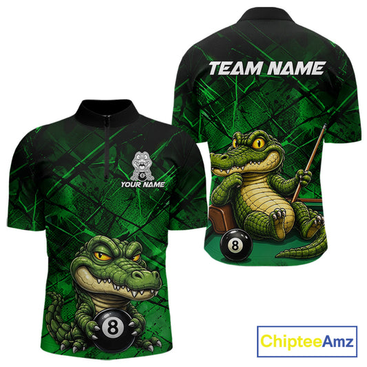Funny crocodile 8 ball billiard 1/4-zip shirt for men green grunge pool jersey