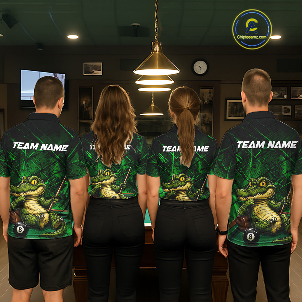 Funny Crocodile 8 Ball Pool Billiard Shirts For Men Custom Green Grunge Billiard Polo & 1/4-Zip Jersey NYN3313