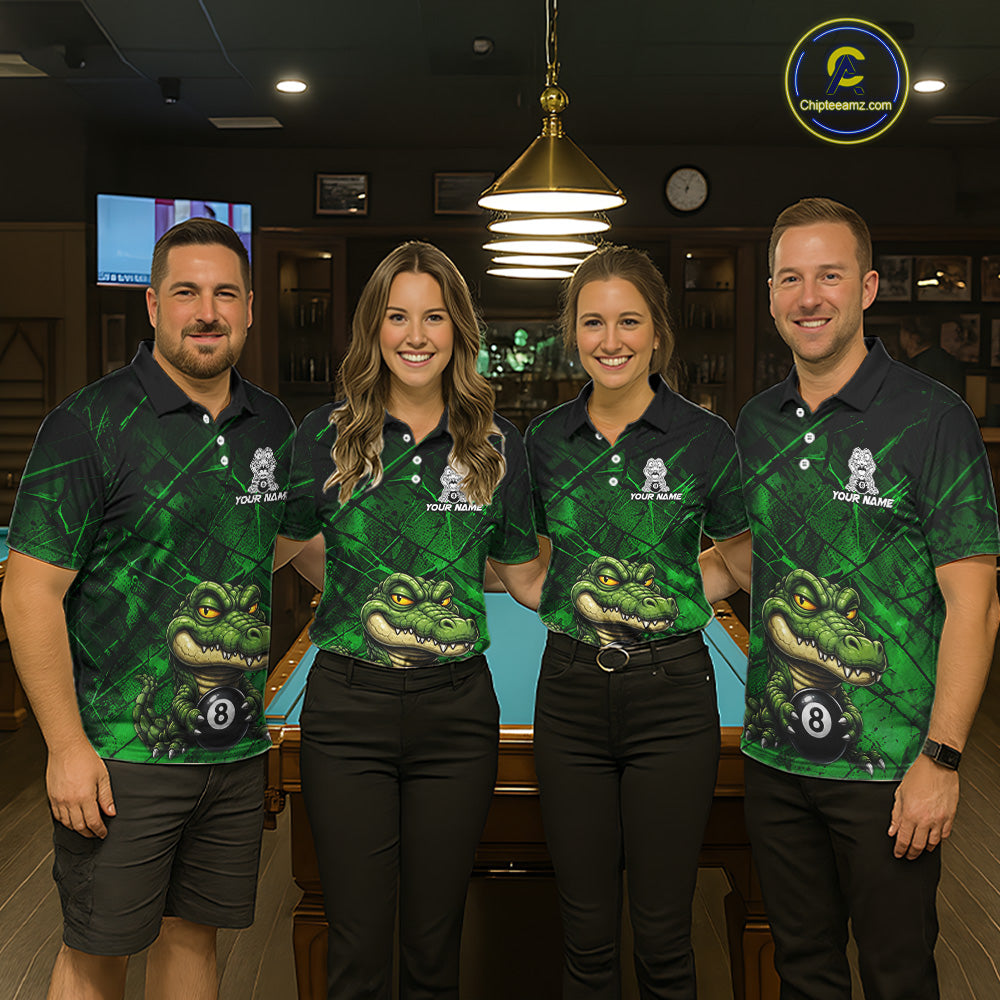 Funny Crocodile 8 Ball Pool Billiard Shirts For Men Custom Green Grunge Billiard Polo & 1/4-Zip Jersey NYN3313