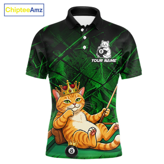 Funny cat crown 8 ball billiard polo shirt for men green grunge pool jersey