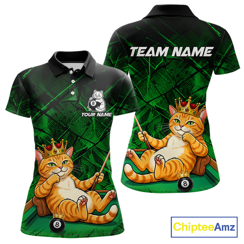 Funny cat crown 8 ball billiard polo shirt for women green grunge pool jersey